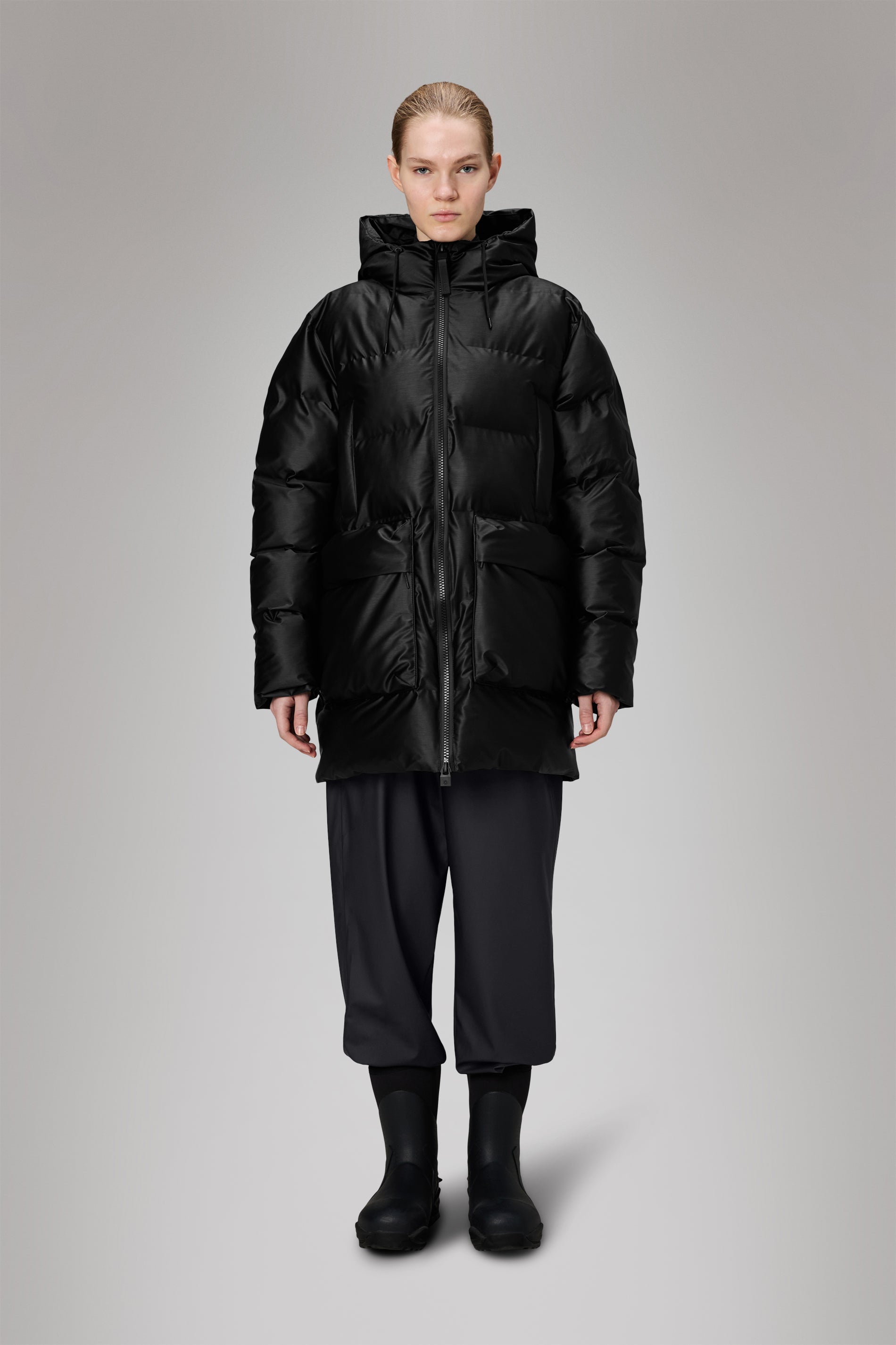 RAINS Alta Long Puffer Cargo Jacket Black Grain Jacket